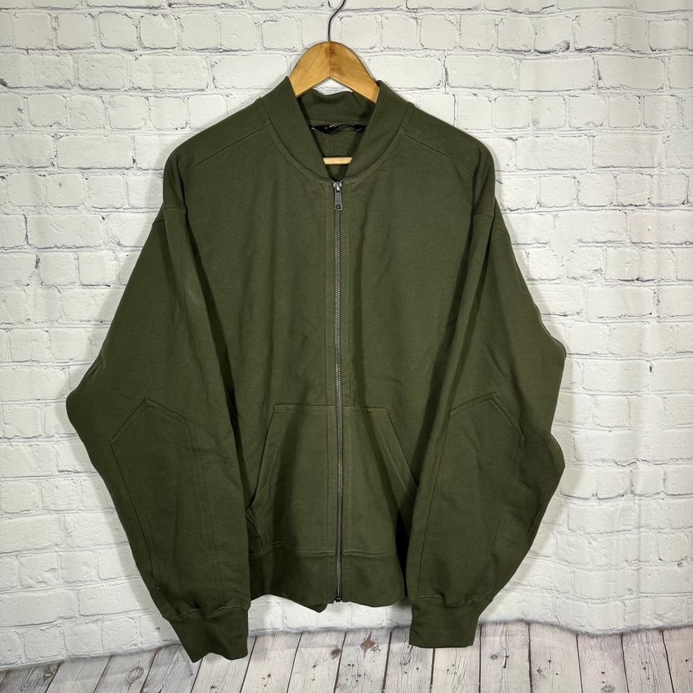 American Giant Mens Heavyweight Fleece Bomber Jacket Olive Green Full Zip Large